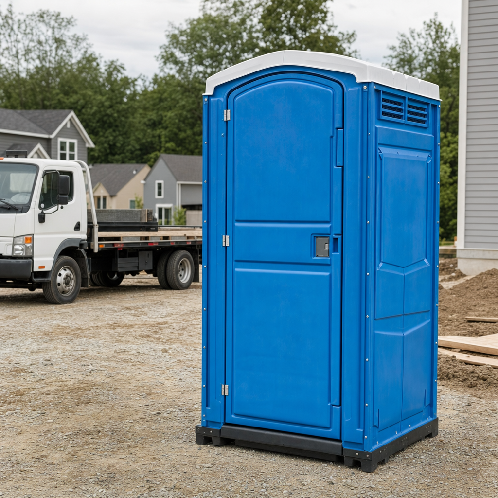 Delivery driver positioning a clean royal-blue portable toilet on level ground at a Santa Ana worksite