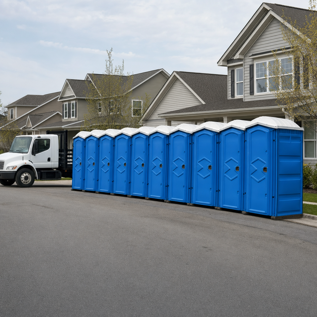 Royal blue portable toilets staged in a tidy row at a Santa Ana jobsite, ready for delivery